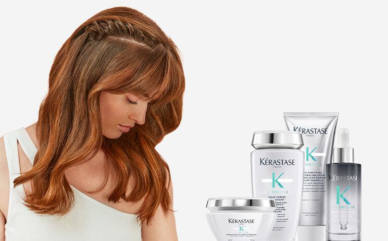 Kerastase Symbiose model with cellular anti-dandruff products
