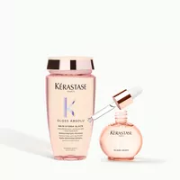 Kerastase Gloss Absolu shampoo bottle next to the Glaze Drops glass bottle