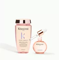 Kerastase Gloss Absolu shampoo bottle next to the Glaze Drops glass bottle
