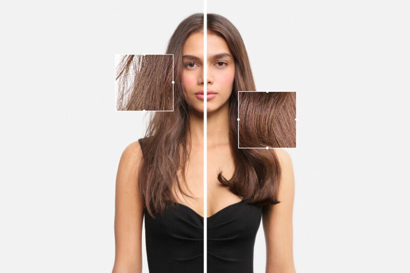 Model with brown hair showing before and after Kerastase Anti-Frizz treatment