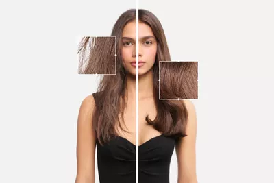 Model with brown hair showing before and after Kerastase Anti-Frizz treatment