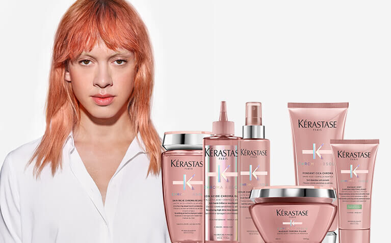 Kerastase Chroma Absolu model with products for color-treated hair