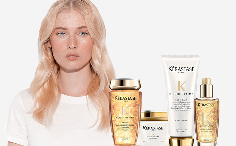 Kerastase Elixir Ultime model with nourishing hair care products