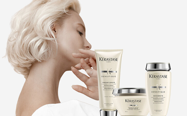 Kerastase Densifique model with ultimate hair care for thinning hair.