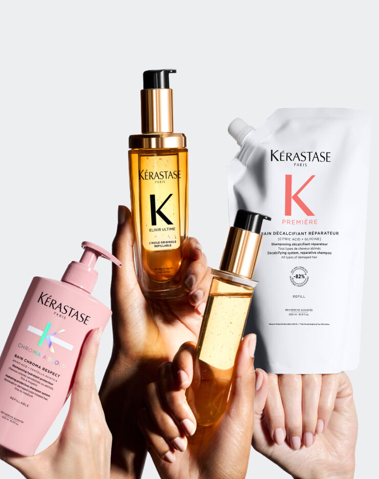 4 refillable Kerastase products including hair oils and shampoos