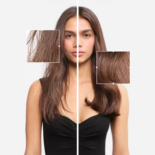Model with brown hair showing zoomed-in results before and after Kerastase Anti-Frizz treatment